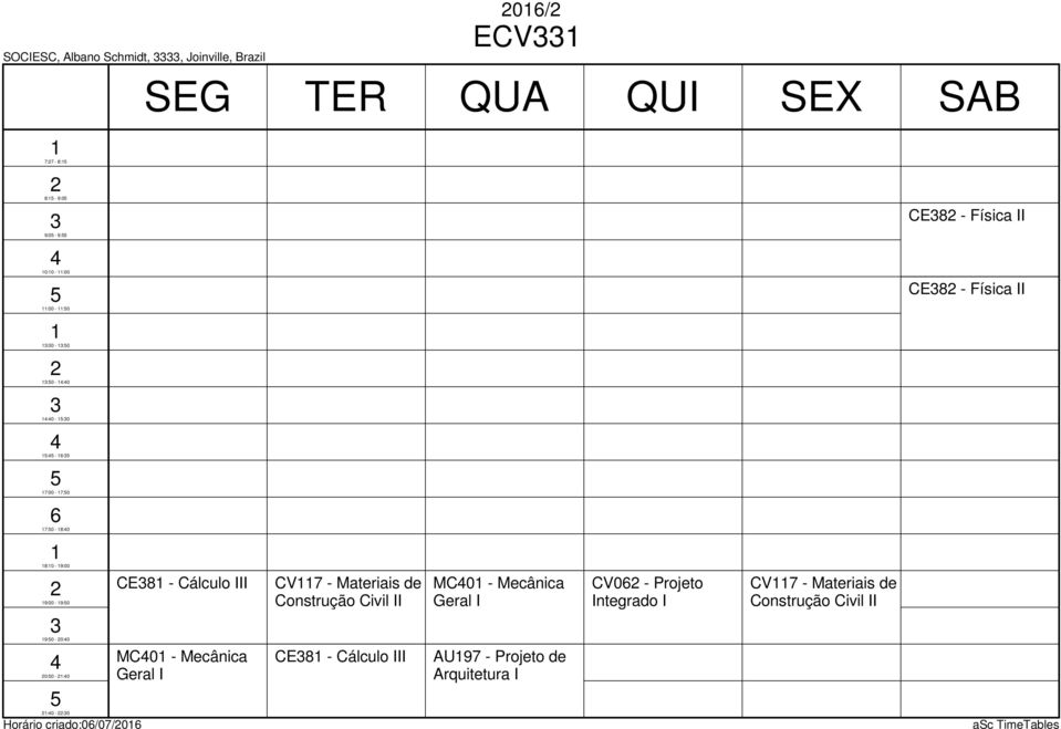 Mecânica Geral I CV7 - Materiais de Construção Civil II CE8 - Cálculo III 0/ ECV MC0 - Mecânica Geral I AU97 -