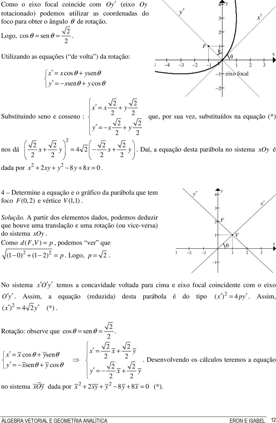 = 0 Determine a equação e o gráfico da parábola que tem foco F (0, ) e vértice V (,) Solução A partir dos elementos dados, podemos deduzir que houve uma translação e uma rotação (ou vice-versa) do