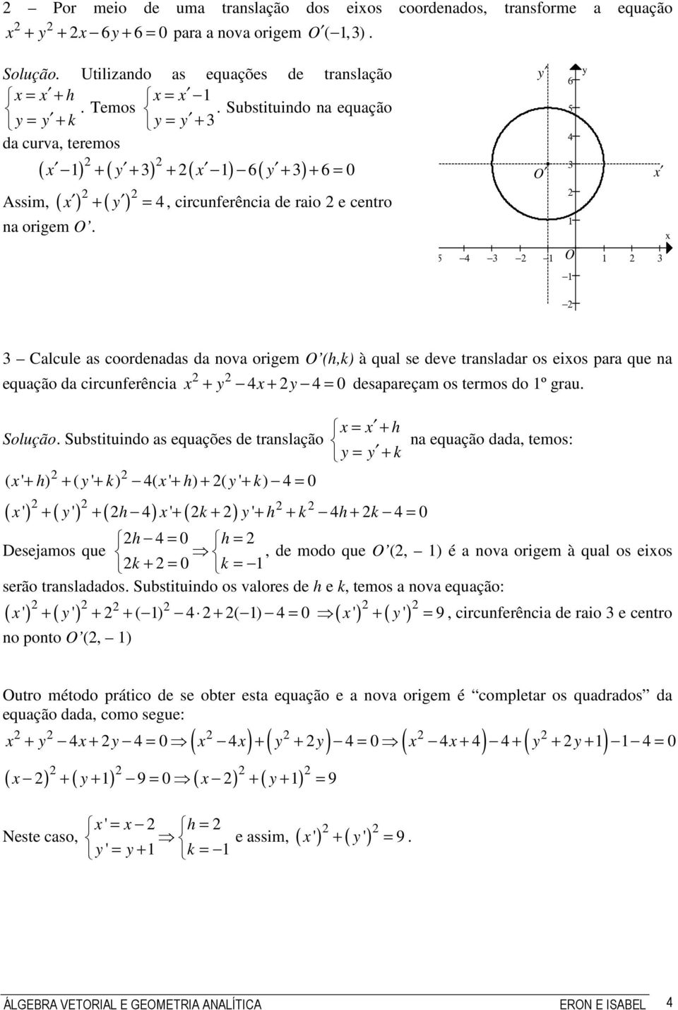 eios para que na equação da circunferência + + = 0 desapareçam os termos do º grau = + h Solução Substituindo as equações de translação na equação dada, temos: = + k ( ' + h) + ( ' + k) ( ' + h) + (