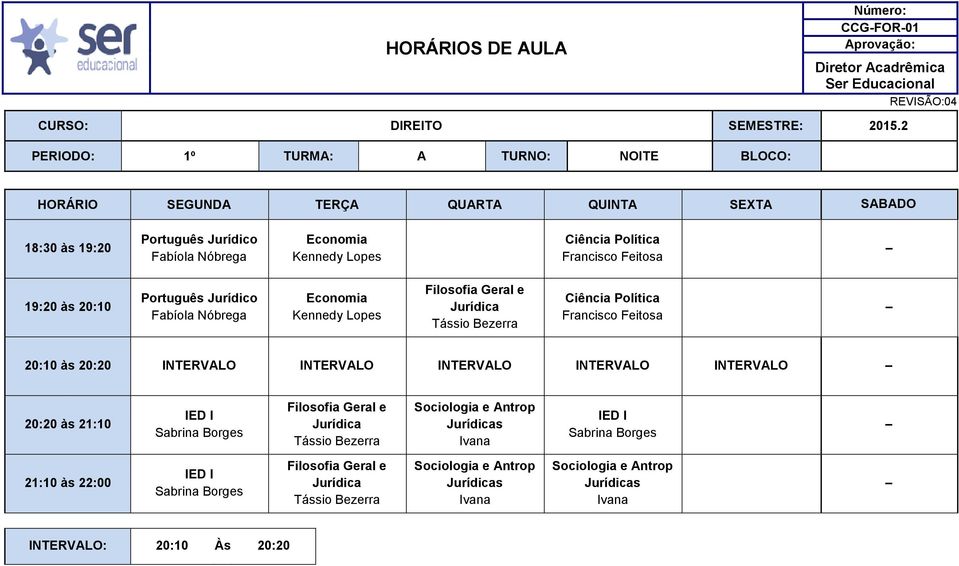 20:20 INTERVALO INTERVALO INTERVALO INTERVALO INTERVALO IED I Filosofia Geral e Jurídica Sociologia e Antrop