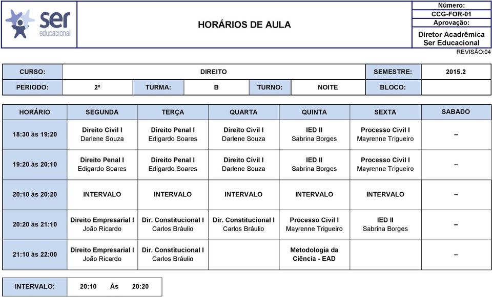 Processo Civil I Mayrenne Trigueiro 20:10 às 20:20 INTERVALO INTERVALO INTERVALO INTERVALO INTERVALO Direito Empresarial I João Ricardo Dir.