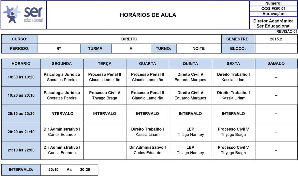 Penal II Direito Civil V Eduardo Marques Direito 20:10 às 20:20 INTERVALO INTERVALO INTERVALO INTERVALO