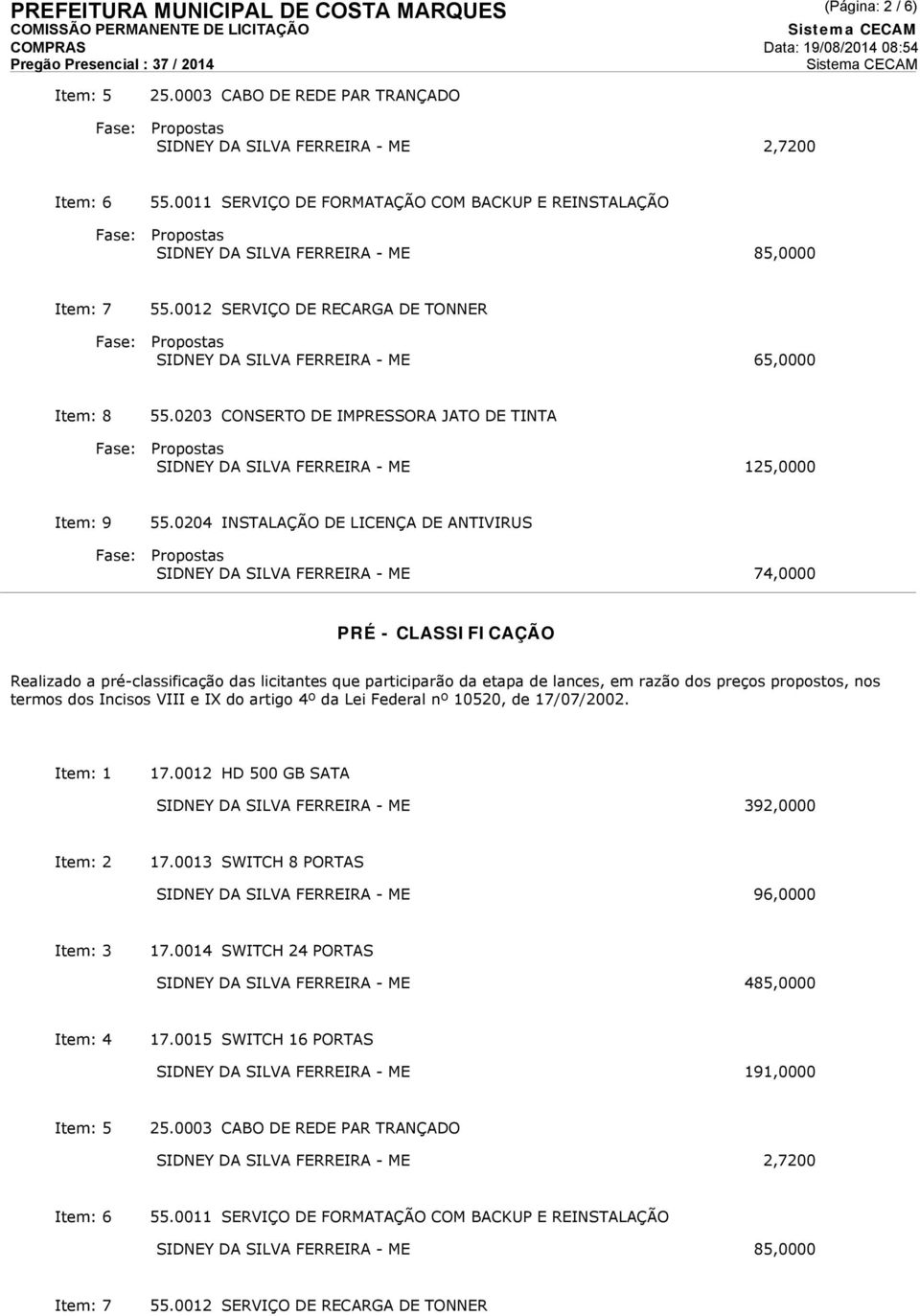 lances, em razão dos preços propostos, nos termos dos Incisos VIII e IX do