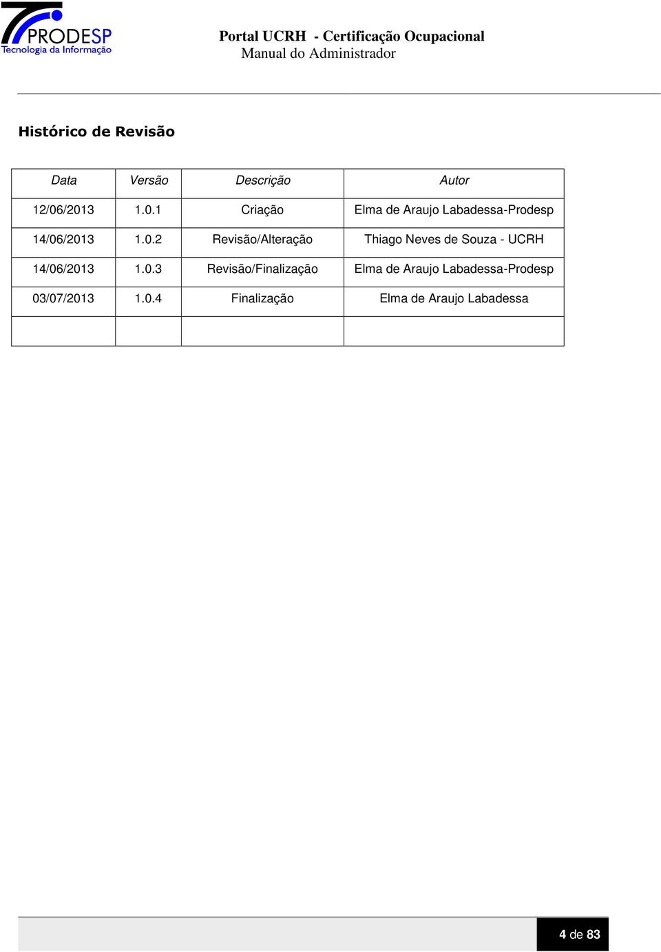 0.3 Revisão/Finalização Elma de Araujo Labadessa-Prodesp 03/07/2013 1.0.4 Finalização Elma de Araujo Labadessa 4 de 83
