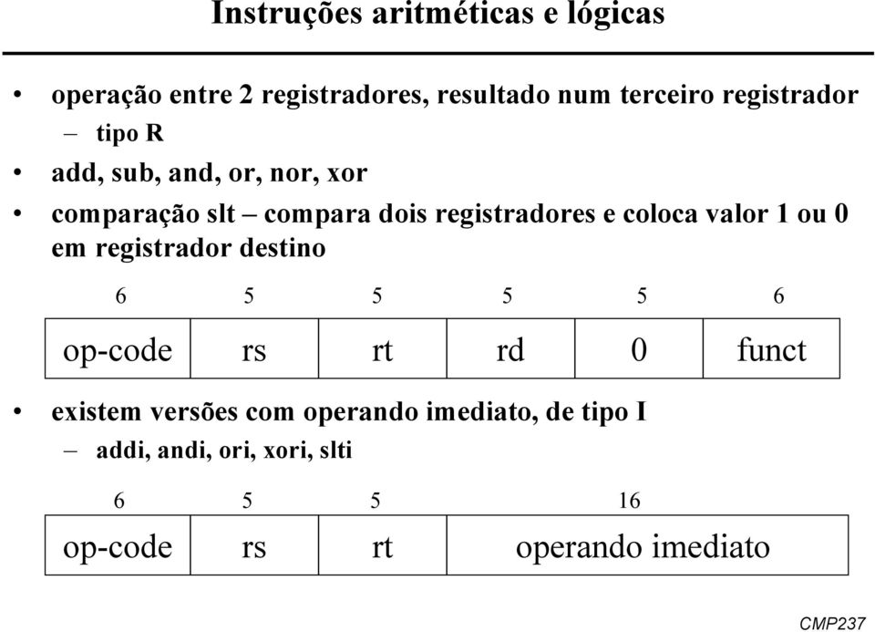 coloca valor 1 ou 0 em registrador destino 6 5 5 op-code rs rt 5 rd 5 6 0 funct existem