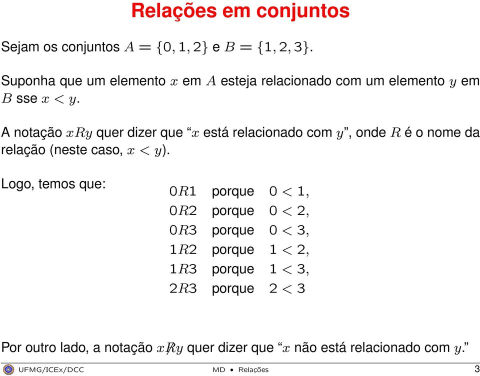 A notação xry quer dizer que x está relacionado com y, onde R é o nome da relação (neste caso, x < y).