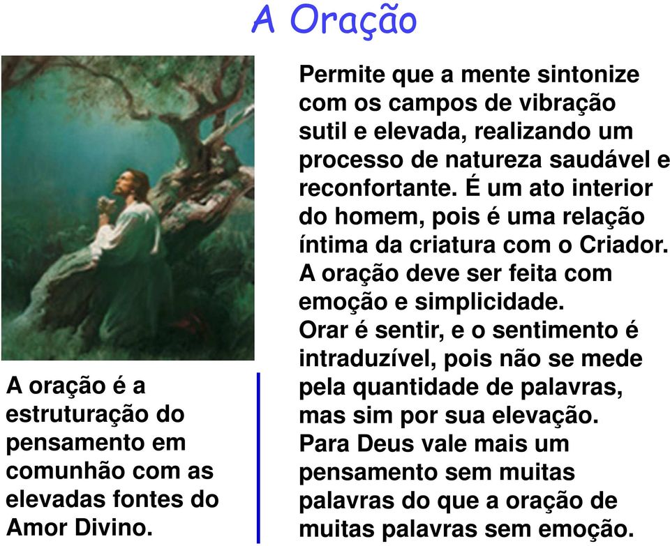 É um ato interior do homem, pois é uma relação íntima da criatura com o Criador. A oração deve ser feita com emoção e simplicidade.