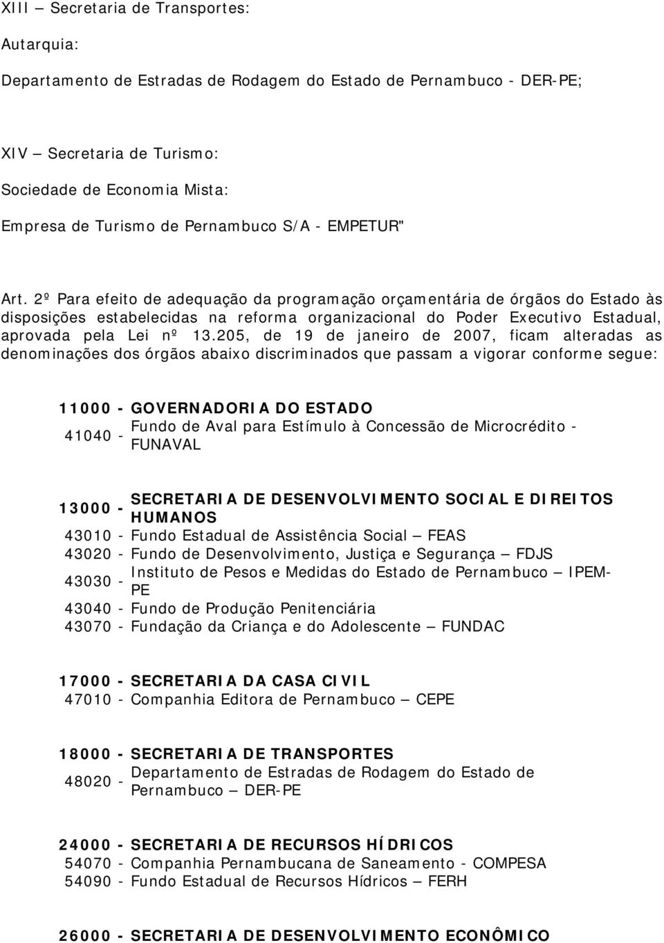 205, de 19 de janeiro de 2007, ficam alteradas as denominações dos órgãos abaixo discriminados que passam a vigorar conforme segue: 11000 - GOVERNADORIA DO ESTADO Fundo de Aval para Estímulo à