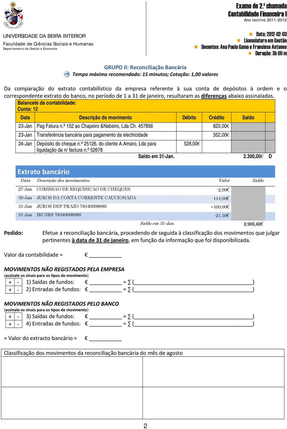 Balancete da contabilidade: Conta: 12 Pedido: Data Descrição do movimento Débito Crédito Saldo 23-Jan Pag Fatura n.º 152 ao Chapeiro &Nabeiro, Lda Ch.