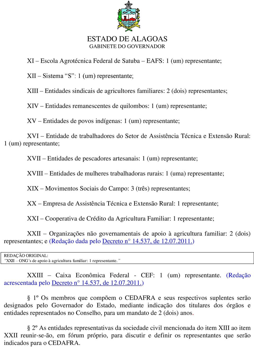 representante; XVII Entidades de pescadores artesanais: 1 (um) representante; XVIII Entidades de mulheres trabalhadoras rurais: 1 (uma) representante; XIX Movimentos Sociais do Campo: 3 (três)