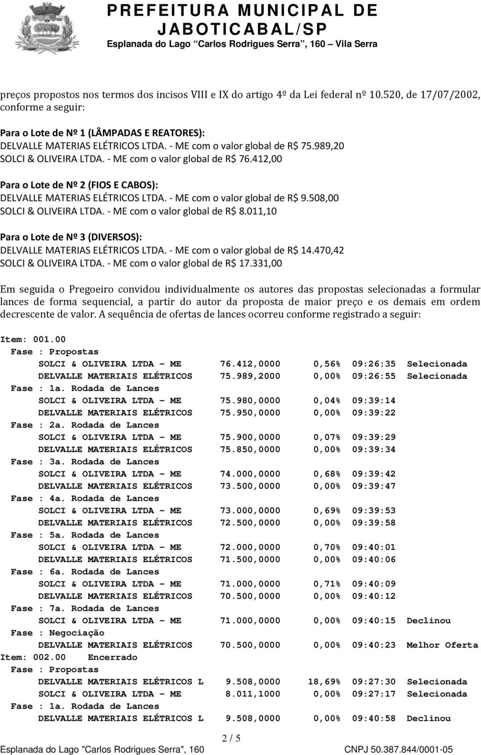 - ME com o valor global de R$ 9.508,00 SOLCI & OLIVEIRA LTDA. - ME com o valor global de R$ 8.011,10 Para o Lote de Nº 3 (DIVERSOS): DELVALLE MATERIAS ELÉTRICOS LTDA. - ME com o valor global de R$ 14.