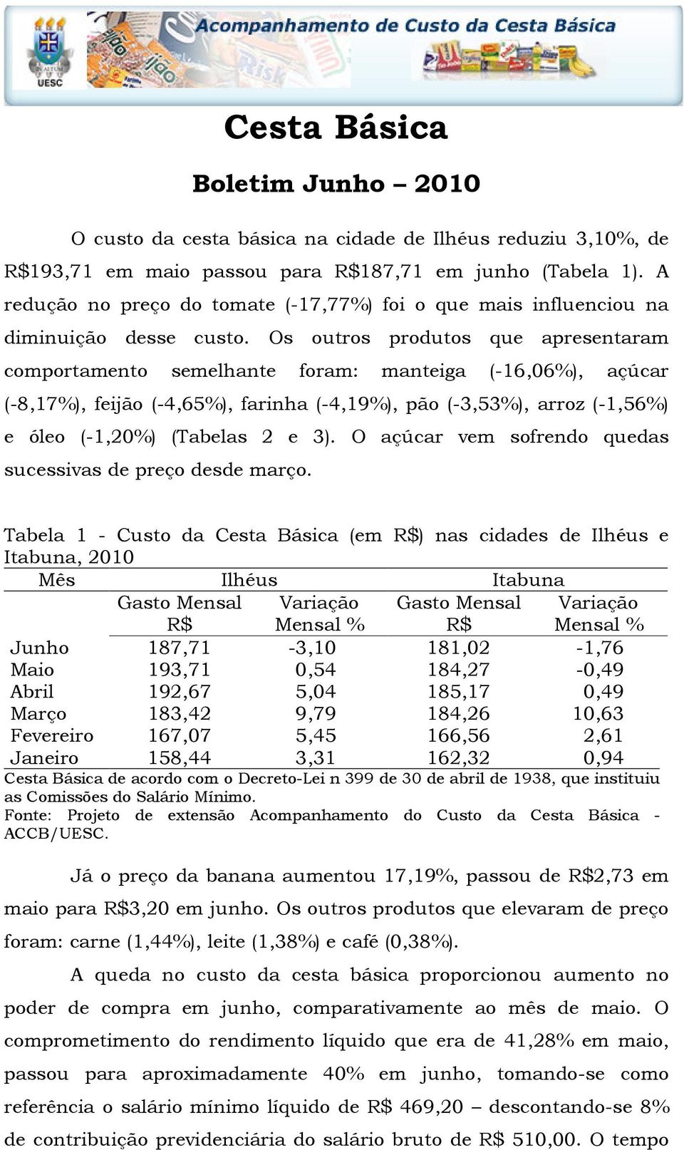 Os outros produtos que apresentaram comportamento semelhante foram: manteiga (-16,06%), açúcar (-8,17%), feijão (-4,65%), farinha (-4,19%), pão (-3,53%), arroz (-1,56%) e óleo (-1,20%) (Tabelas 2 e