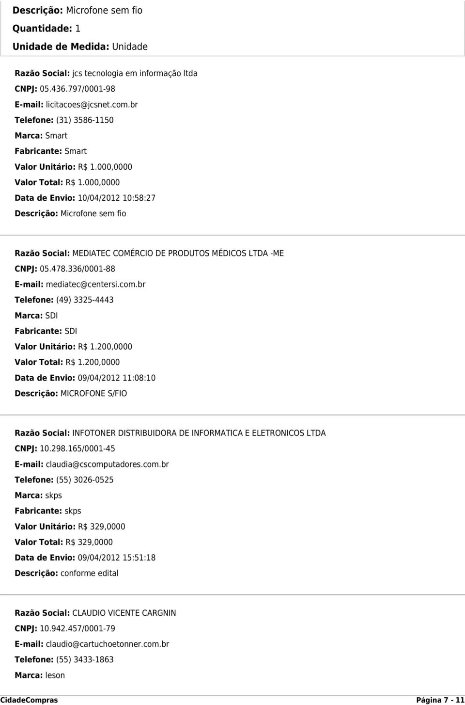 000,0000 Data de Envio: 10/04/2012 10:58:27 Descrição: Microfone sem fio Marca: SDI Fabricante: SDI Valor Unitário: R$ 1.200,0000 Valor Total: R$ 1.