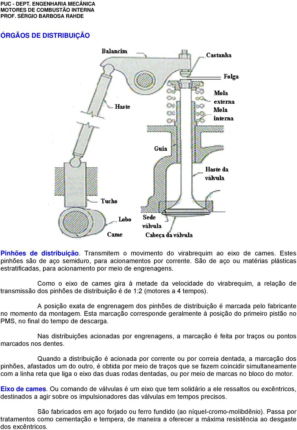 Como o eixo de cames gira à metade da velocidade do virabrequim, a relação de transmissão dos pinhões de distribuição é de 1:2 (motores a 4 tempos).