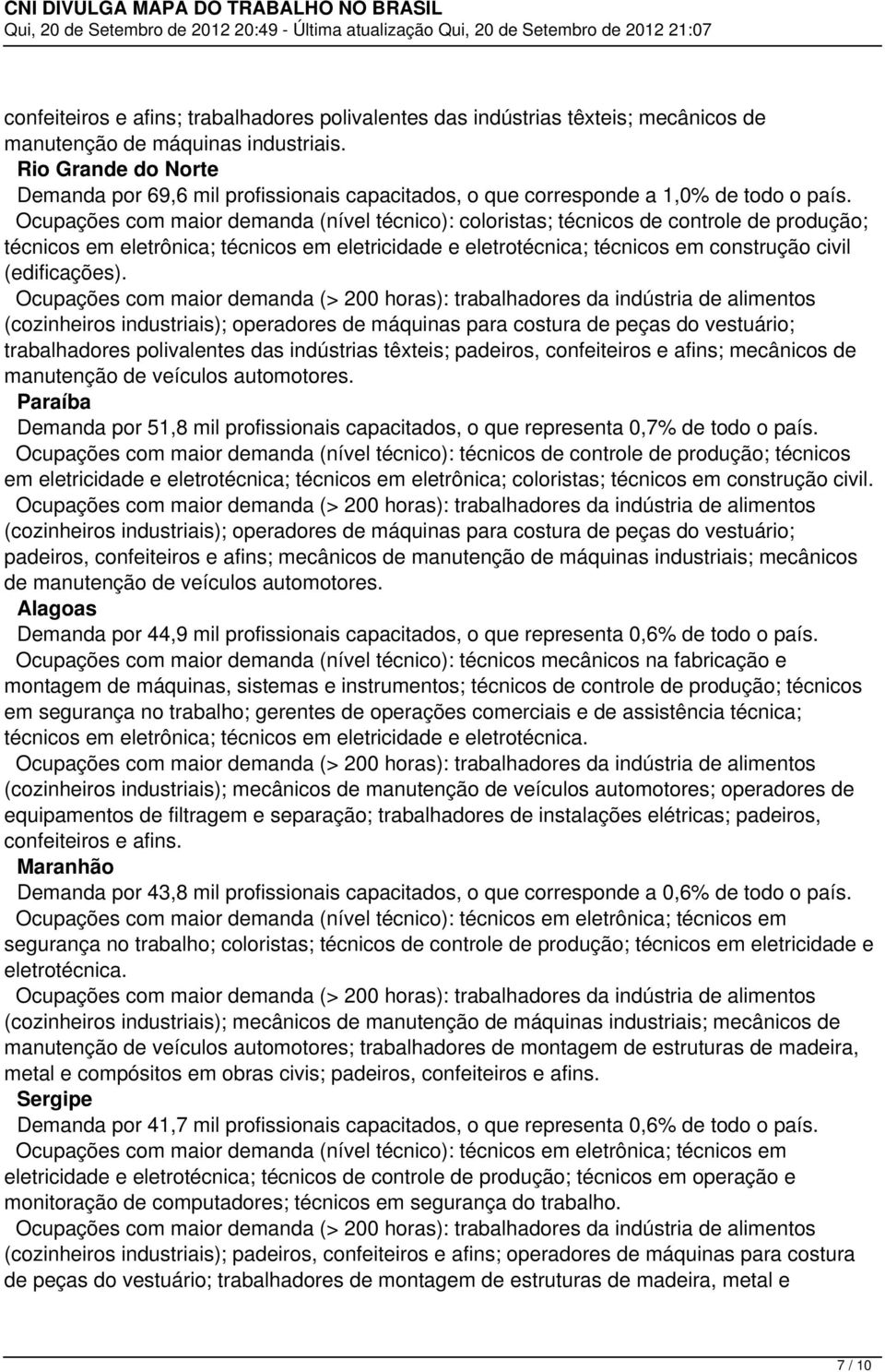 Ocupações com maior demanda (nível técnico): coloristas; técnicos de controle de produção; técnicos em eletrônica; técnicos em eletricidade e eletrotécnica; técnicos em construção civil (edificações).