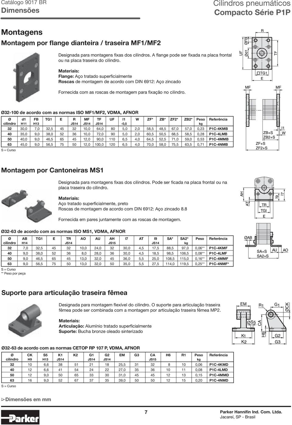 Ø32-100 de acordo com as normas ISO MF1/MF2, VDMA, AFNOR Ø d1 FB TG1 E R MF TF UF l1 W ZF* ZB* ZF2* ZB2* Peso Referência cilindro H11 H13 JS14 JS14 JS14-0,5 32 30,0 7,0 32,5 45 32 10,0 64,0 80 5,0