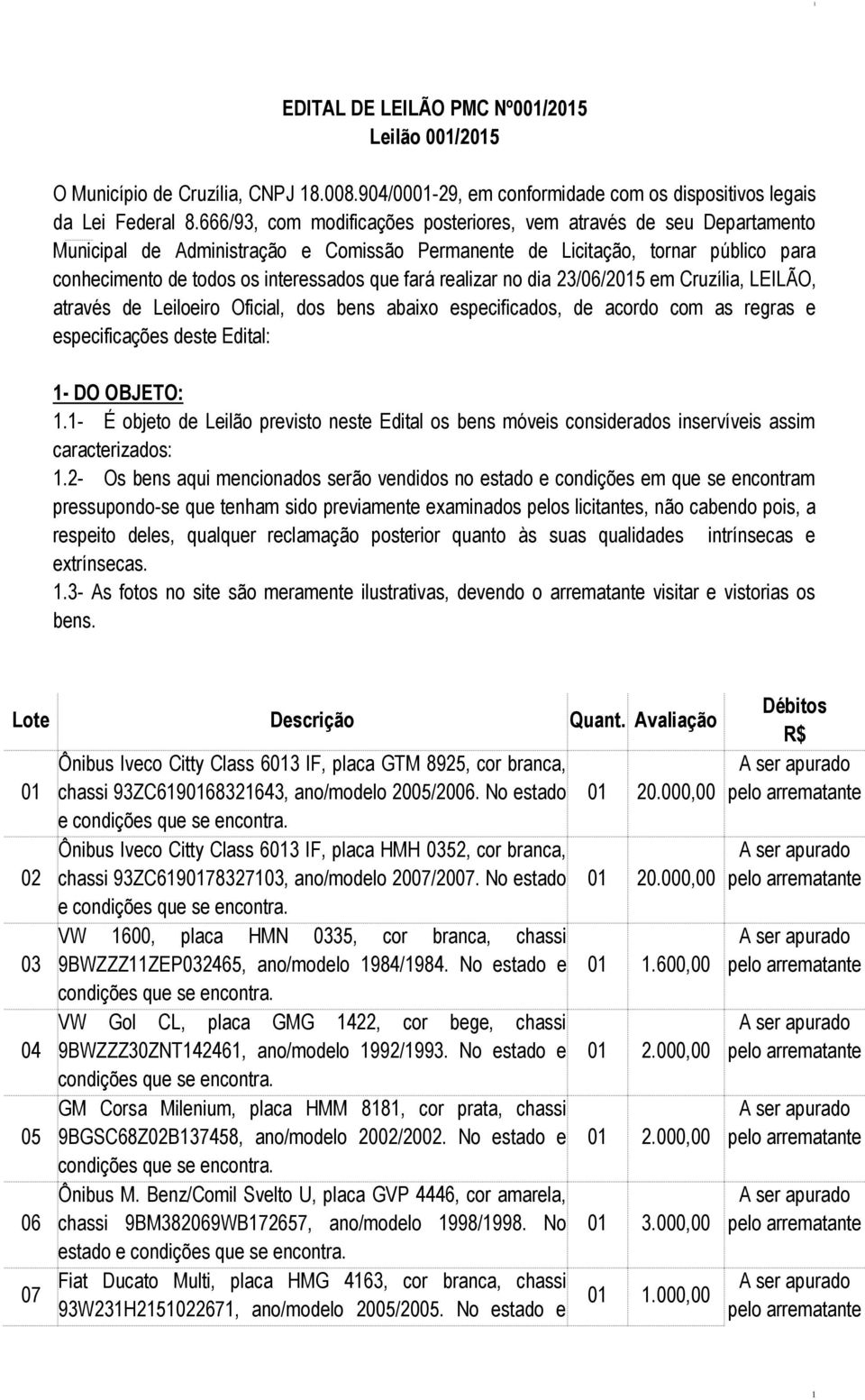 realizar no dia 23/06/2015 em Cruzília, LEILÃO, através de Leiloeiro Oficial, dos bens abaixo especificados, de acordo com as regras e especificações deste Edital: 1- DO OBJETO: 1.