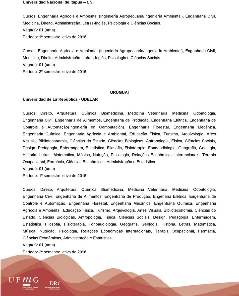 Cursos: Engenharia Agrícola e Ambiental (Ingeniería Agropecuaria/Ingeniería Ambiental), Engenharia Civil, Medicina, Direito, Administração, Letras-Inglês,  Universidad de La República - UDELAR