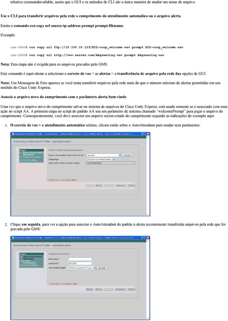 Exemplo: cue-3660# ccn copy url ftp://10.100.10.123/xyz-corp_welcome.wav prompt XYZ-corp_welcome.wav cue-3660# ccn copy url http://www.server.com/aagreeting.wav prompt AAgreeting.