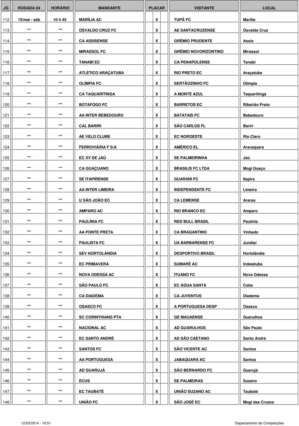 "" "" CA TAQUARITINGA X A MONTE AZUL Taquaritinga 120 "" "" BOTAFOGO FC X BARRETOS EC Ribeirão Preto 121 "" "" AA INTER BEBEDOURO X BATATAIS FC Bebedouro 122 "" "" CAL BARIRI X SÃO CARLOS FL Bariri