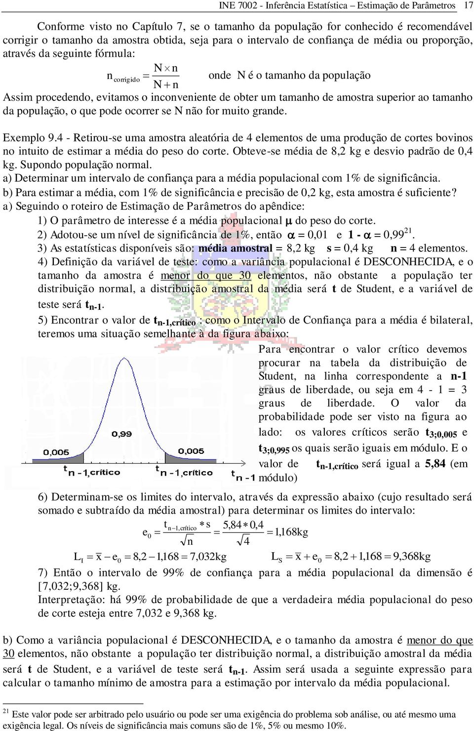 população, o que pode ocorrer se N ão for muito grade. Exemplo 9.4 - Retirou-se uma amostra aleatória de 4 elemetos de uma produção de cortes bovios o ituito de estimar a média do peso do corte.