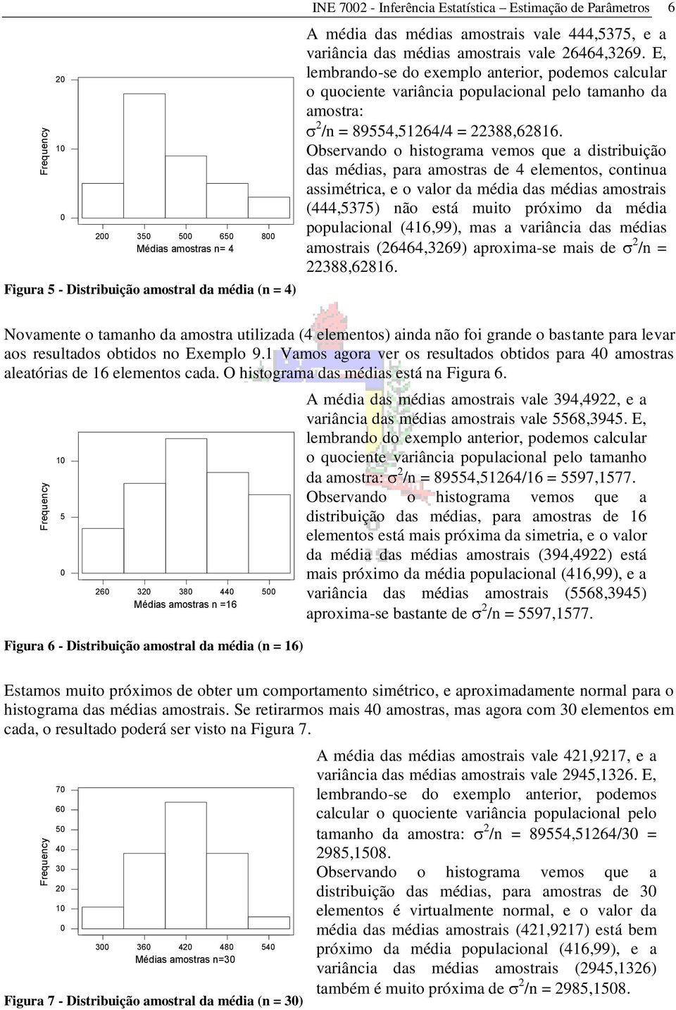 Observado o histograma vemos que a distribuição das médias, para amostras de 4 elemetos, cotiua assimétrica, e o valor da média das médias amostrais (444,5375) ão está muito próximo da média