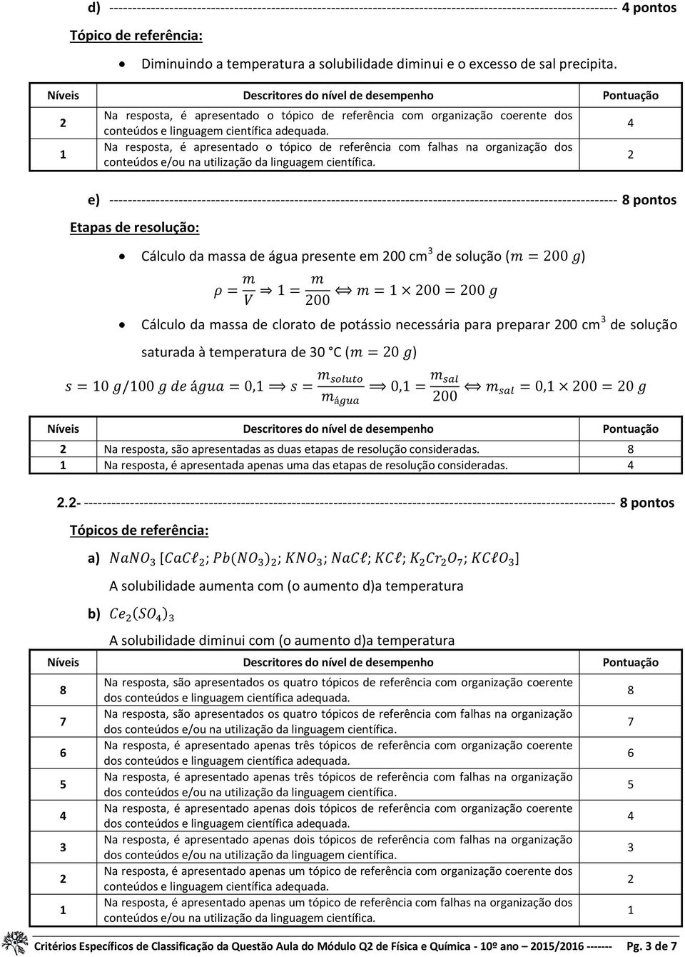 m m = 00 = 00 g 00 Cálculo da massa de clorato de potássio necessária para preparar 00 cm 3 de solução saturada à temperatura de 30 C (m = 0 g) s = 0 g/00 g de água = 0, s = m soluto m água 0, = m