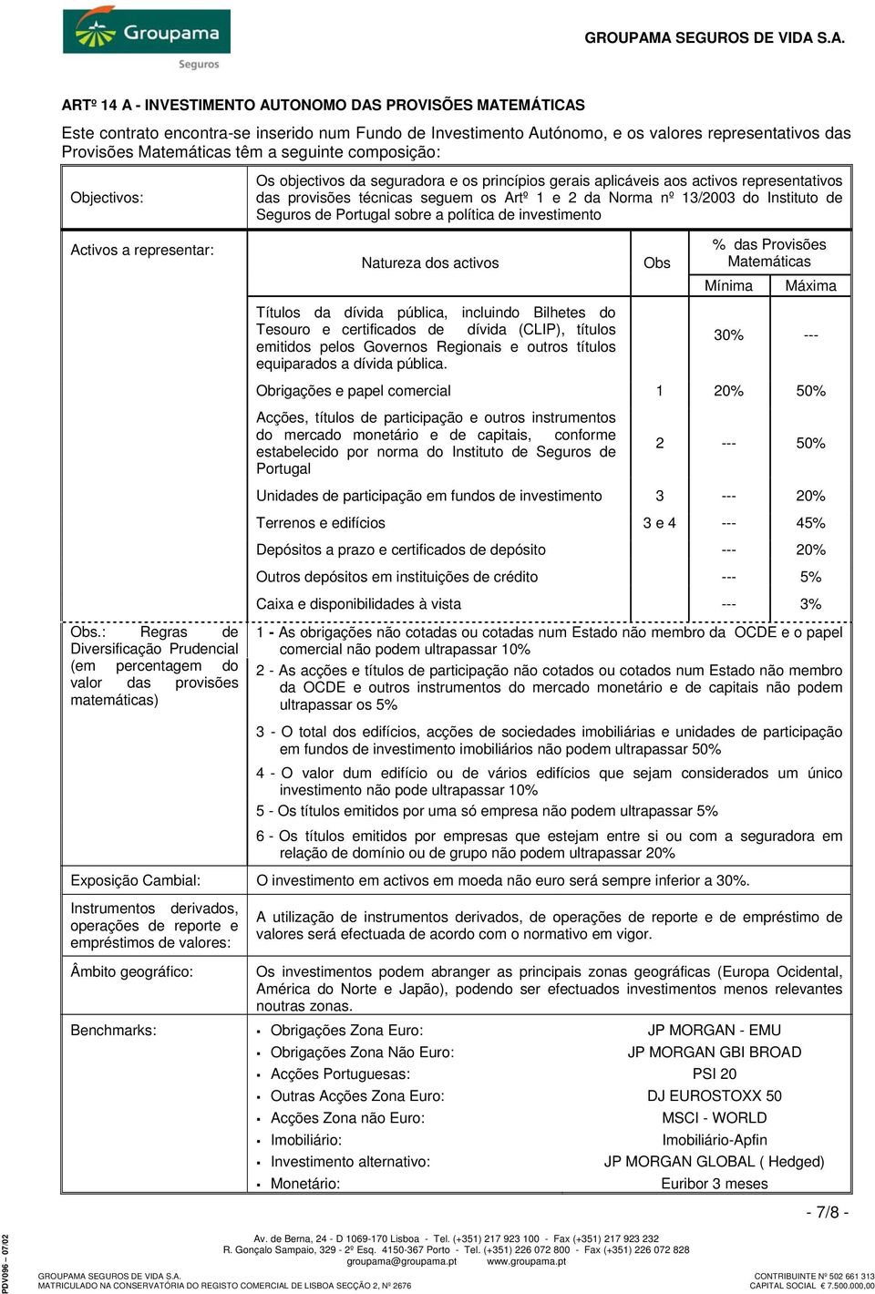 : Regras de Diversificação Prudencial (em percentagem do valor das provisões matemáticas) Os objectivos da seguradora e os princípios gerais aplicáveis aos activos representativos das provisões