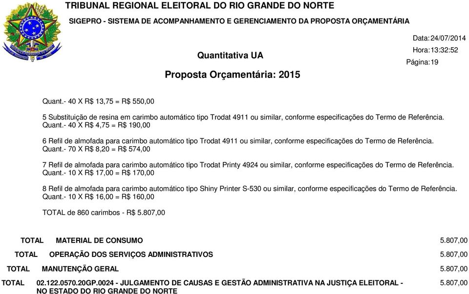 - 70 X R$ 8,20 = R$ 574,00 7 Refil de almofada para carimbo automático tipo Trodat Printy 4924 ou similar, conforme especificações do Termo de Quant.