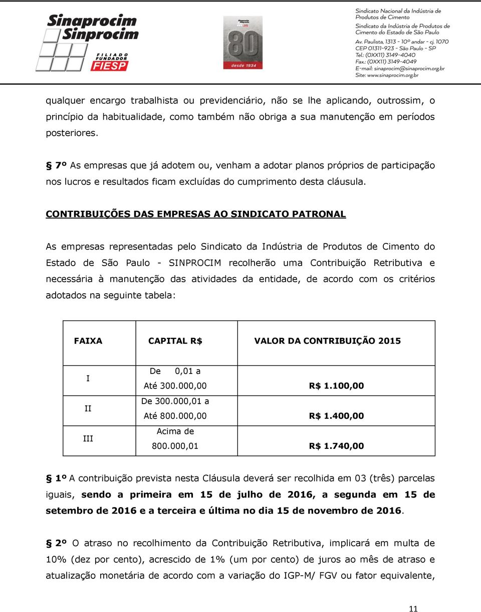 CONTRIBUIÇÕES DAS EMPRESAS AO SINDICATO PATRONAL As empresas representadas pelo Sindicato da Indústria de Produtos de Cimento do Estado de São Paulo - SINPROCIM recolherão uma Contribuição