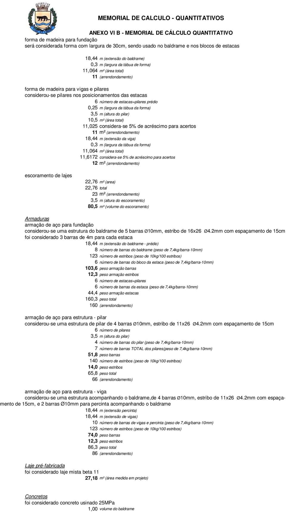 m (altura do pilar) 10,5 m² (área total) 11,025 considera-se 5% de acréscimo para acertos 11 m² (arrendondamento) 18,44 m (extensão da viga) 0,3 m (largura da tábua da forma) 11,064 m² (área total)