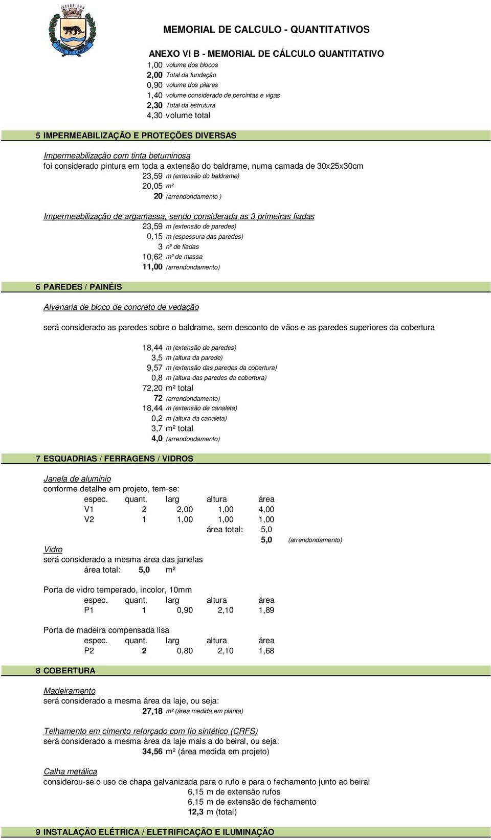 Impermeabilização de argamassa, sendo considerada as 3 primeiras fiadas 23,59 m (extensão de paredes) 0,15 m (espessura das paredes) 3 nº de fiadas 10,62 m² de massa 11,00 (arrendondamento) 6 PAREDES