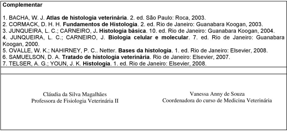 5. OVALLE, W. K.; NAHIRNEY, P. C.. Netter. Bases da histologia. 1. ed. Rio de Janeiro: Elsevier, 2008. 6. SAMUELSON, D. A. Tratado de histologia veterinária. Rio de Janeiro: Elsevier, 2007. 7.