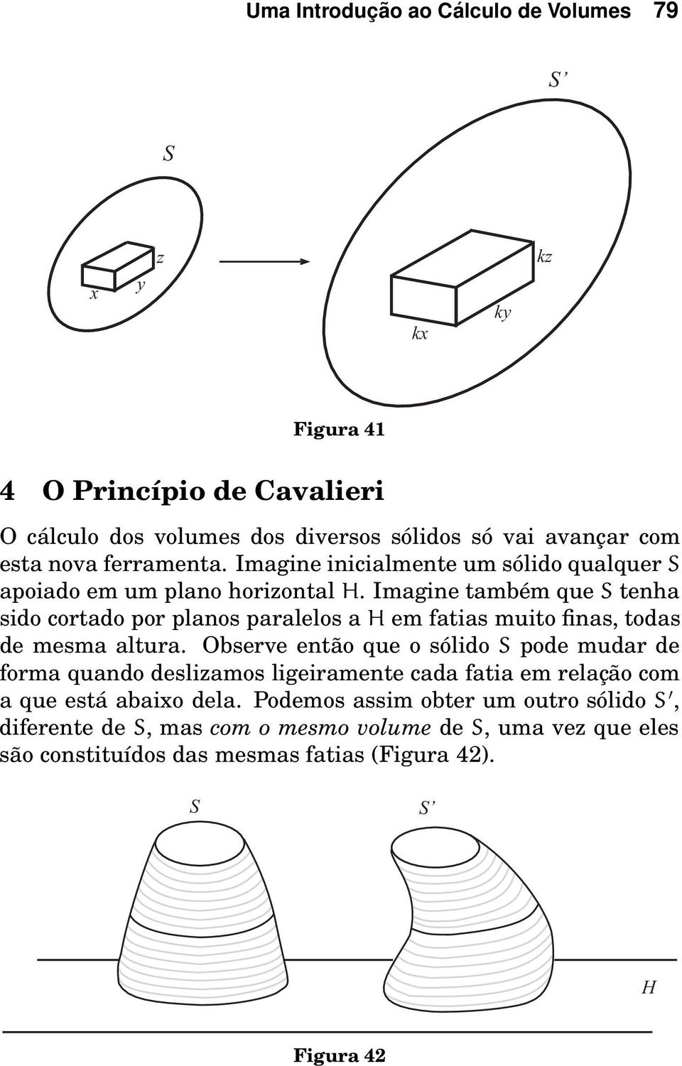 Imagine também que S tenha sido cortado por planos paralelos a H em fatias muito finas, todas de mesma altura.