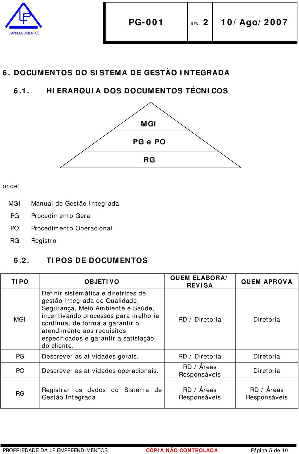 TIPOS DE DOCUMENTOS TIPO MGI OBJETIVO Definir sistemática e diretrizes de gestão integrada de Qualidade, Segurança, Meio Ambiente e Saúde, incentivando processos para melhoria contínua, de forma a