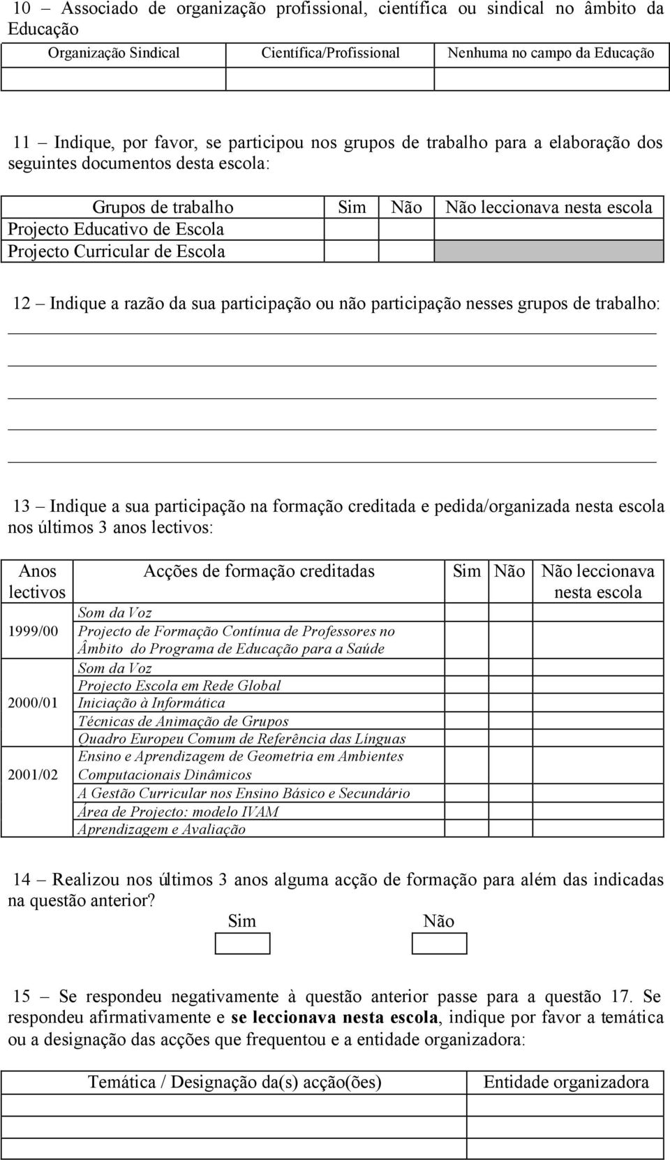 Indique a razão da sua participação ou não participação nesses grupos de trabalho: 13 Indique a sua participação na formação creditada e pedida/organizada nesta escola nos últimos 3 anos lectivos: