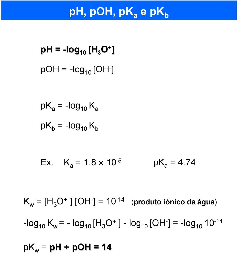 74 K w = [H 3 O [OH - = 10-14 (produto iónico da água) -log 10 K