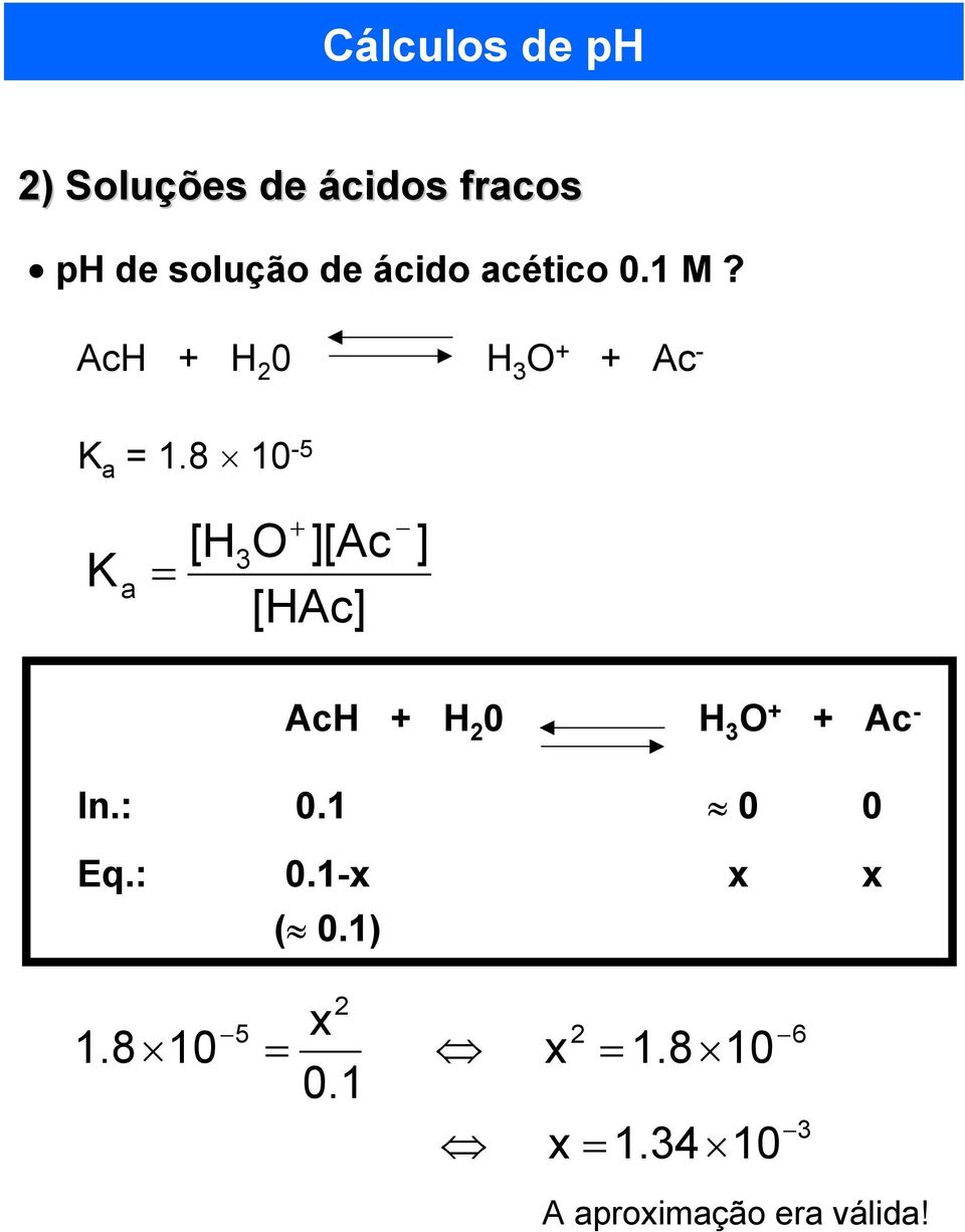 8 10-5 = 3 K a [H O [Ac [HAc AcH H 2 0 H 3 O Ac - In.: 0.1 0 0 Eq.