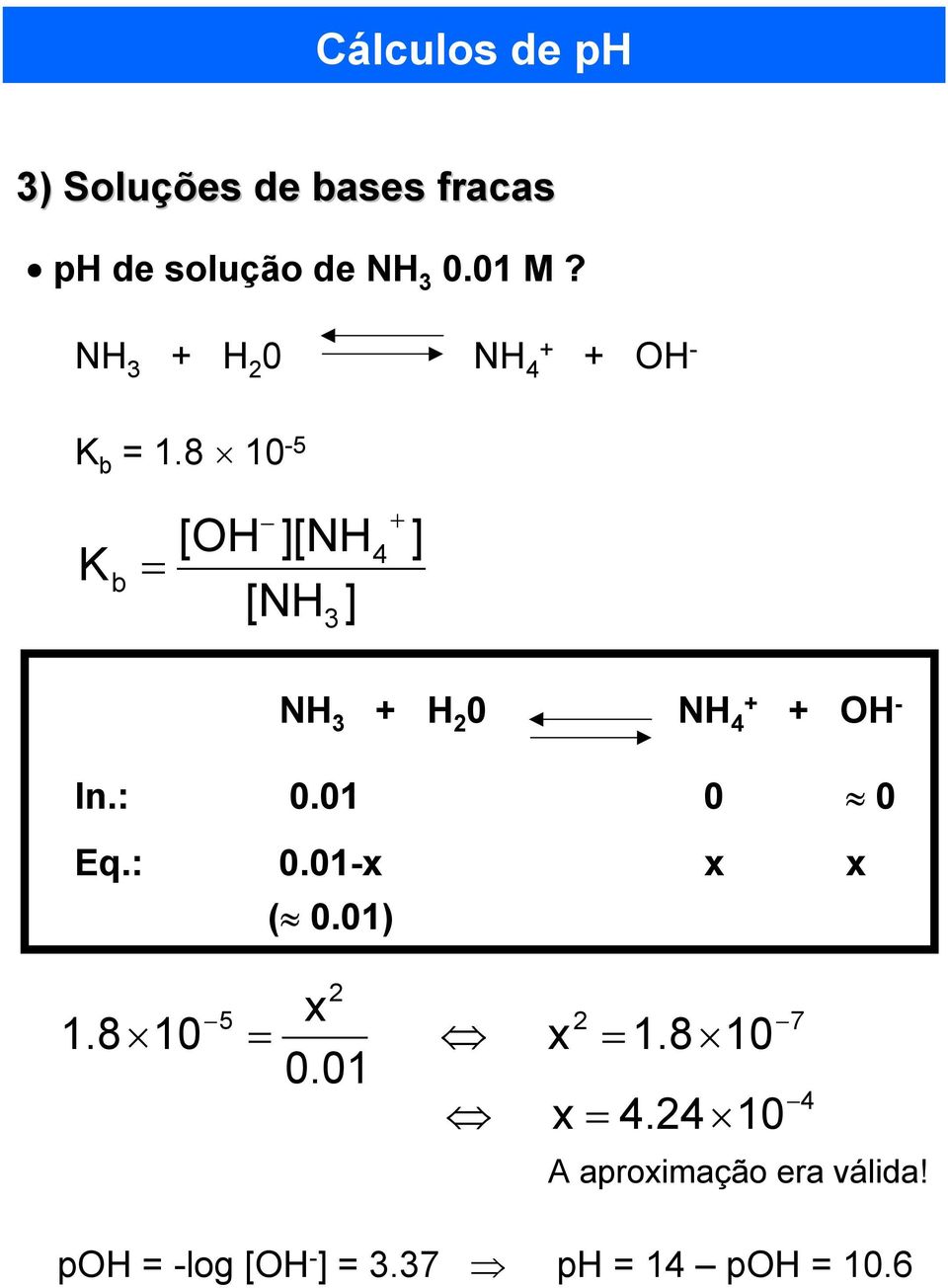 8 10-5 K b = [OH [NH [NH 3 4 NH 3 H 2 0 NH 4 OH - In.: 0.01 0 0 Eq.: 0.01-x x x ( 0.