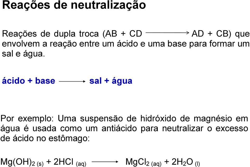 ácido + base sal + água Por exemplo: Uma suspensão de hidróxido de magnésio em água é