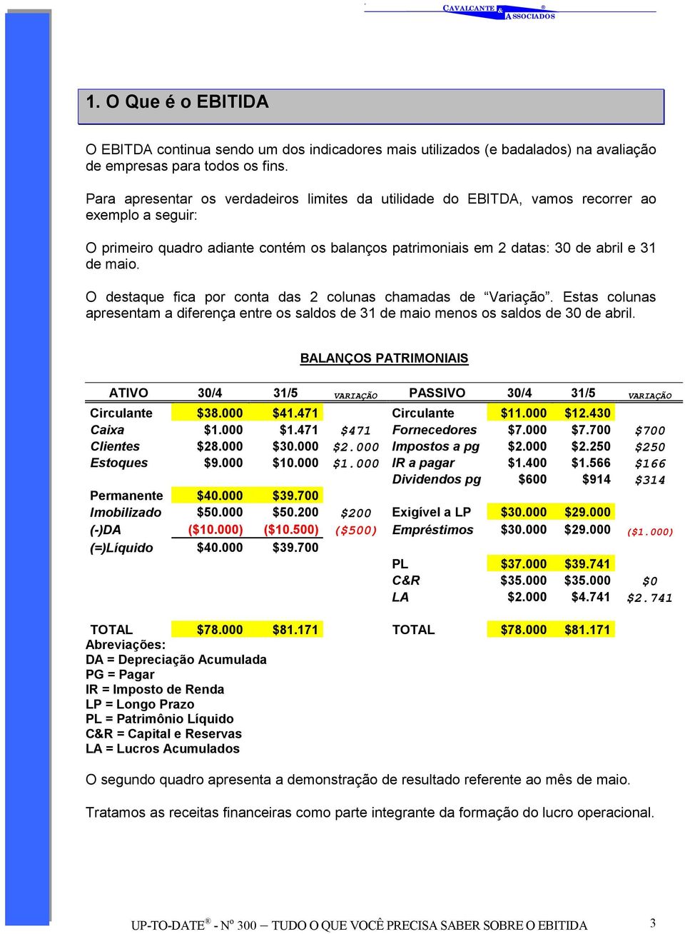 O destaque fica por conta das 2 colunas chamadas de Variação. Estas colunas apresentam a diferença entre os saldos de 31 de maio menos os saldos de 30 de abril.