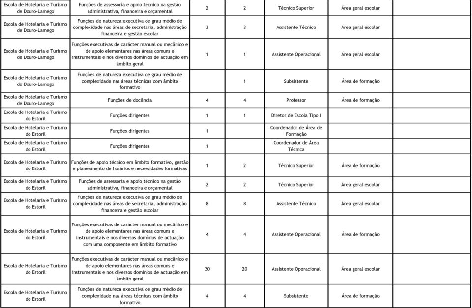 1 Subsistente Área de formação Funções de docência 4 4 Professor Área de formação Funções dirigentes 1 1 Diretor de Escola Tipo I Funções dirigentes 1 Funções dirigentes 1 Coordenador de Área de