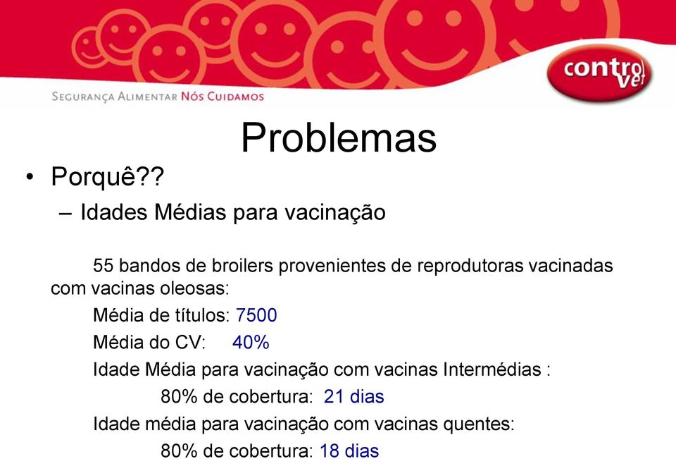 reprodutoras vacinadas com vacinas oleosas: Média de títulos: 7500 Média do CV: