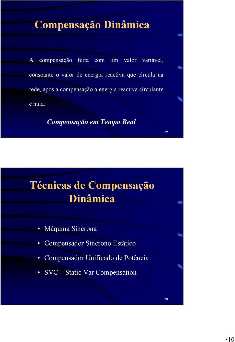 nula. Compensação em Tempo Real 19 Técnicas de Compensação Dinâmica Máquina Síncrona