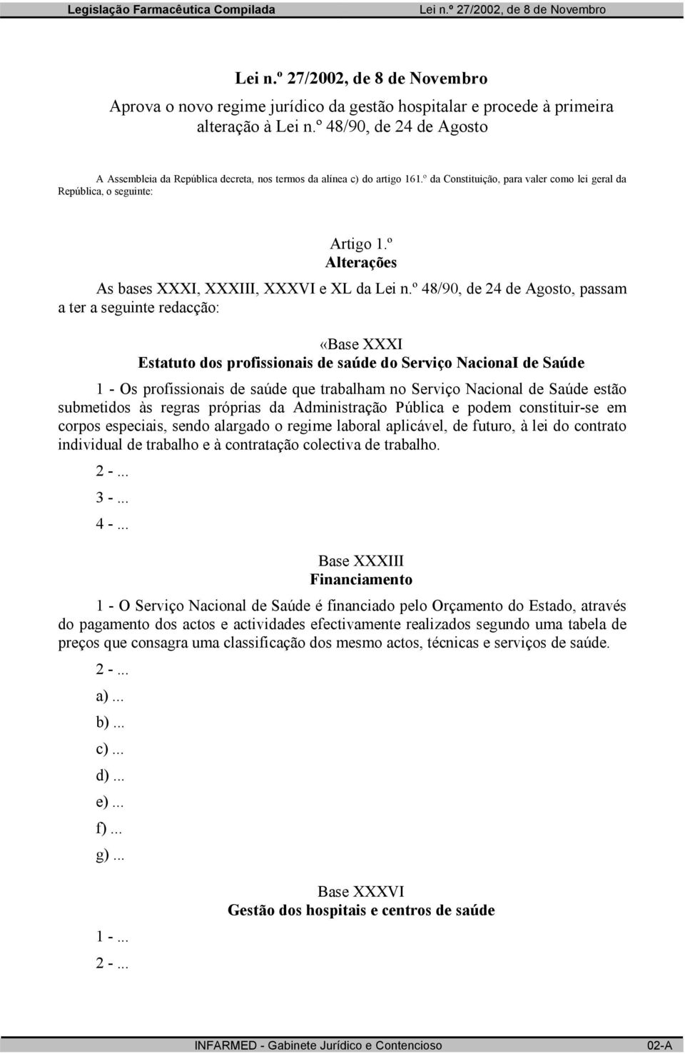 º 48/90, de 24 de Agosto, passam a ter a seguinte redacção: «Base XXXI Estatuto dos profissionais de saúde do Serviço NacionaI de Saúde 1 - Os profissionais de saúde que trabalham no Serviço Nacional