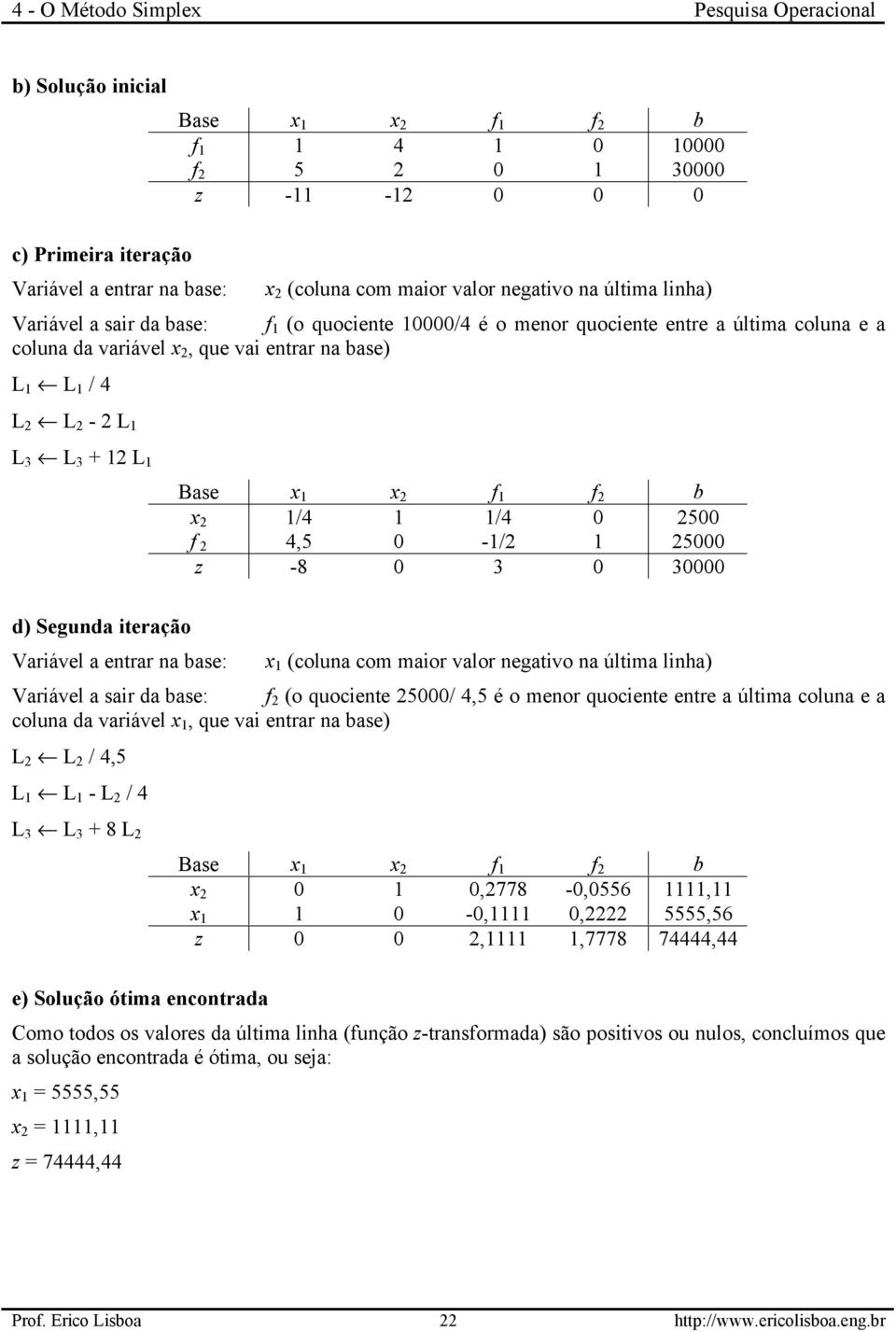 30000 d) Segunda iteração Variável a entrar na base: x 1 (coluna com maior valor negativo na última linha) Variável a sair da base: f 2 (o quociente 25000/ 4,5 é o menor quociente entre a última