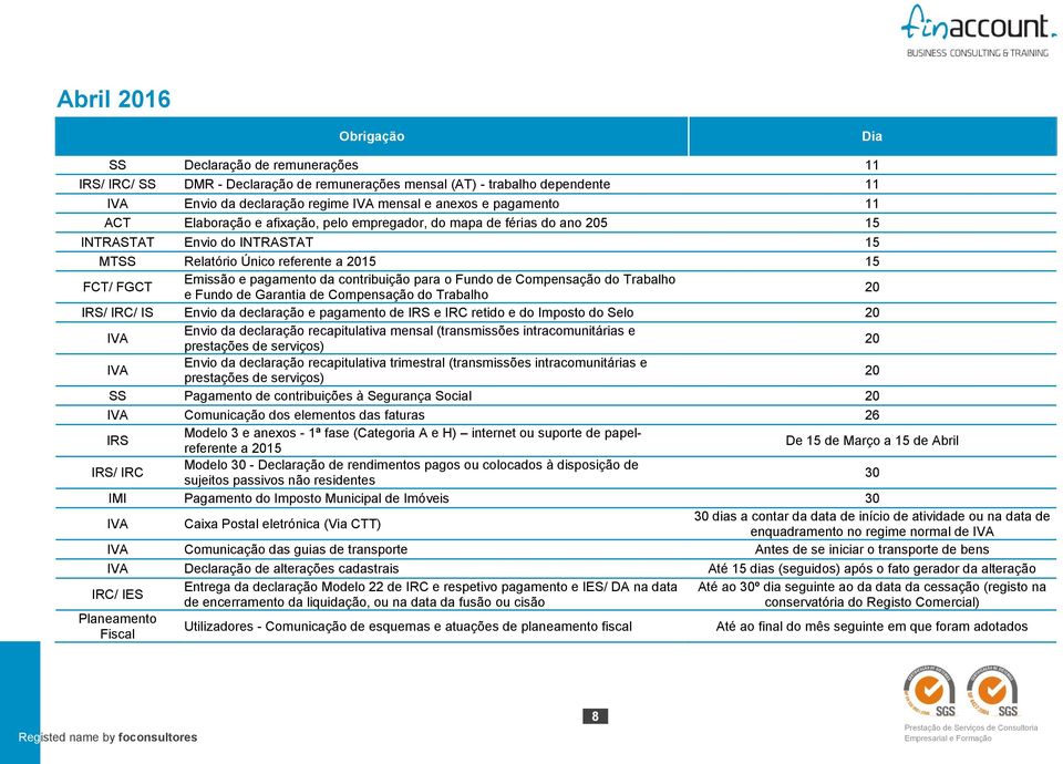 Compensação do Trabalho e Fundo de Garantia de Compensação do Trabalho / IS Envio da declaração e pagamento de IRS e IRC retido e do Imposto do Selo Envio da declaração recapitulativa mensal