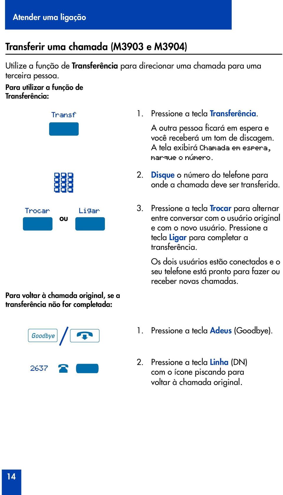 Disque o número do telefone para onde a chamada deve ser transferida. Trocar Ligar Para voltar à chamada original, se a transferência não for completada: 3.