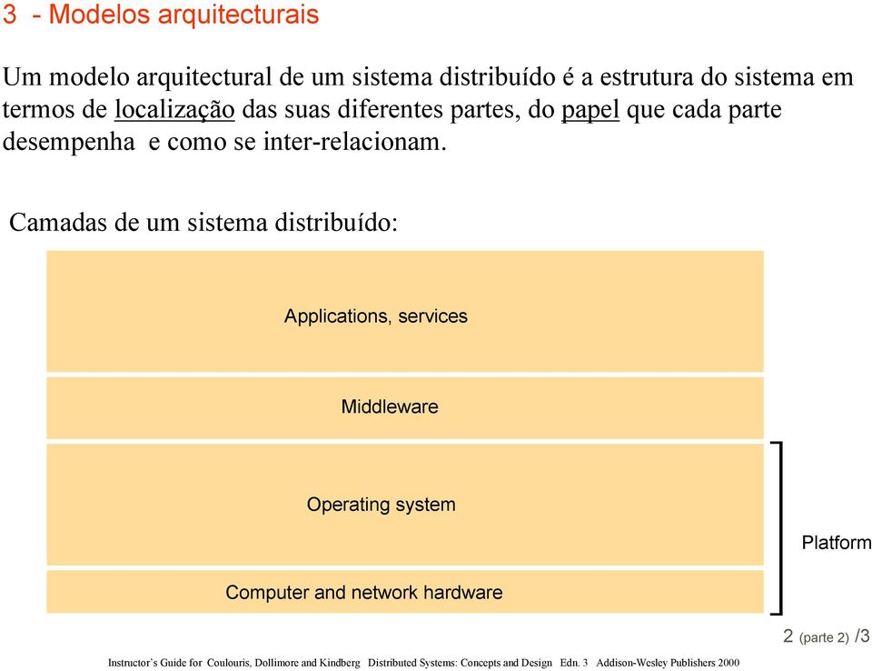 Camadas de um sistema distribuído: Applications, services Middleware Operating system Platform Computer and network