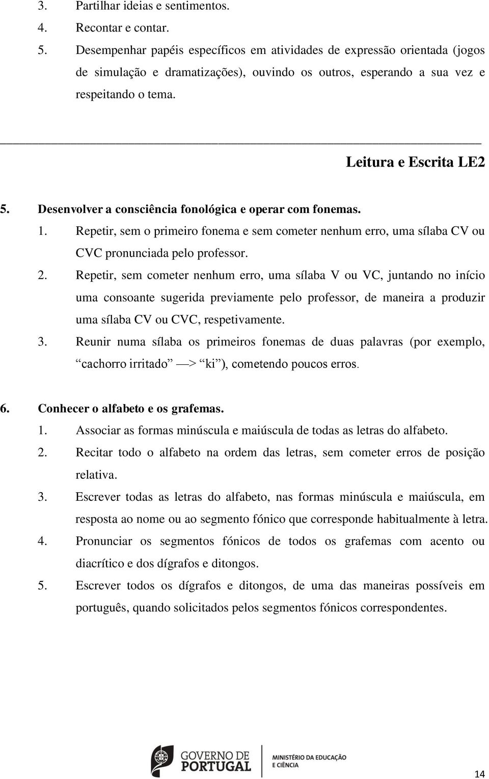 Desenvolver a consciência fonológica e operar com fonemas. 1. Repetir, sem o primeiro fonema e sem cometer nenhum erro, uma sílaba CV ou CVC pronunciada pelo professor. 2.